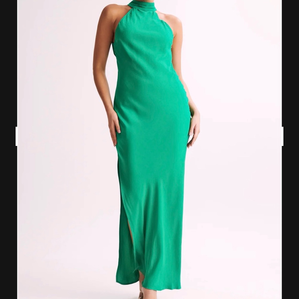 Meshki Claire Satin Drape Back Maxi Dress with Split - Green
